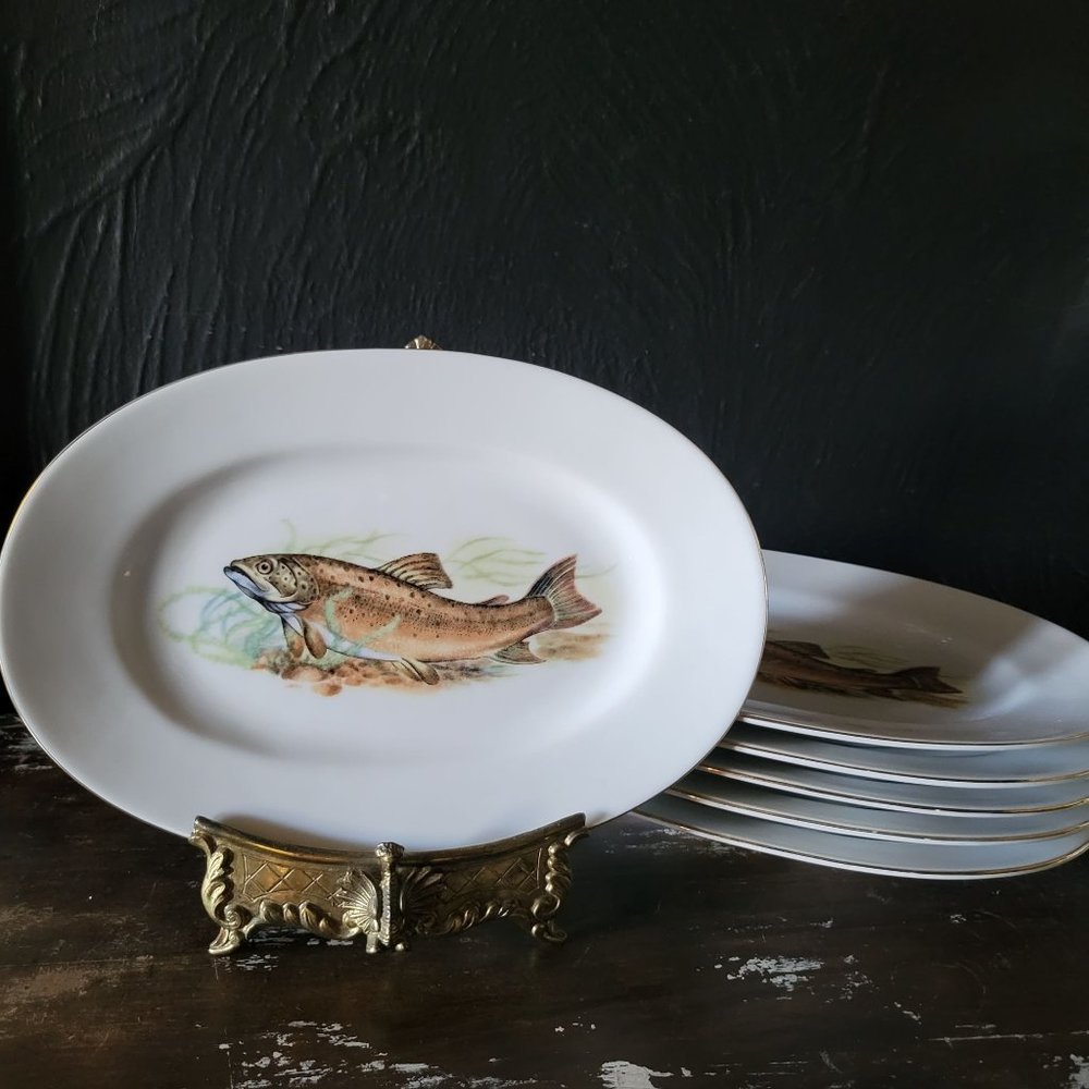 Set [of 6] Vintage Iris Cluj Gold Trimmed Porcelain Fish Plates, Appetizer Plate